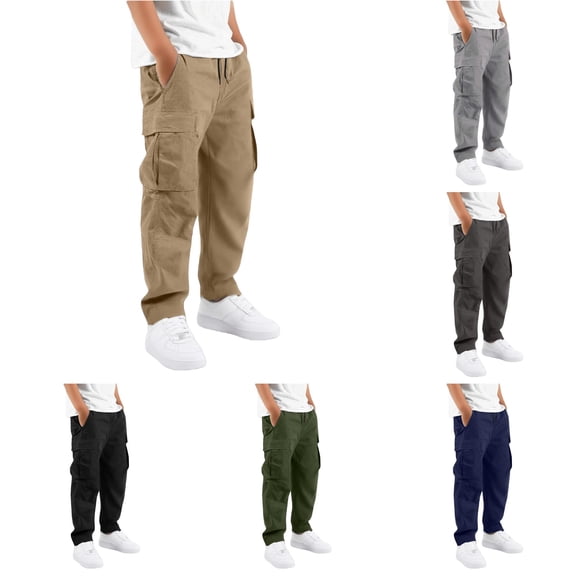 CUZIBR Kids Cargo Pants With Multiple Pockets Comfortable Casual Trousers For Boys Elastic Drawstring Waist Loose Straight Leg Trousers Lightweight Bottoms For School Outdoor,Khaki,13-14 Years