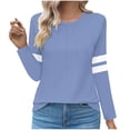 thumbnail image 1 of Lenpel T-Shirts pour Femmes à Rayures à Manches Longues Col Ras du Cou devant Plissé Tunique Habillée Décontractée Hauts Amples Tee Blouses (Bleu Ciel, Moyen), 1 of 1