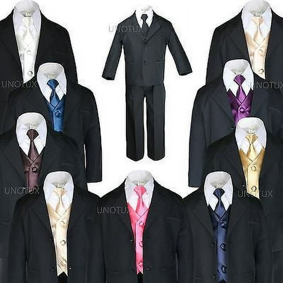 New 7pc Satin Vest Neck Tie Boy Baby Toddler Kid Black Formal Suit Tuxedo S-20