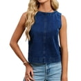 thumbnail image 3 of Round Neck Denim Vest for Women, Sleeveless Button Front Jean Tank Top - Casual Summer Vintage Washed Straight Fit Shirt Dark Blue L, 3 of 8