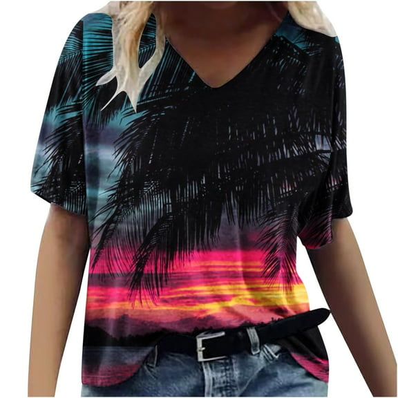 Fesfesfes Womens Shirts Womens Spring And Summer Casual V-Neck T-shirt Printed Short Sleeved Top Short Sleeves Shirts for Women L(US:8)