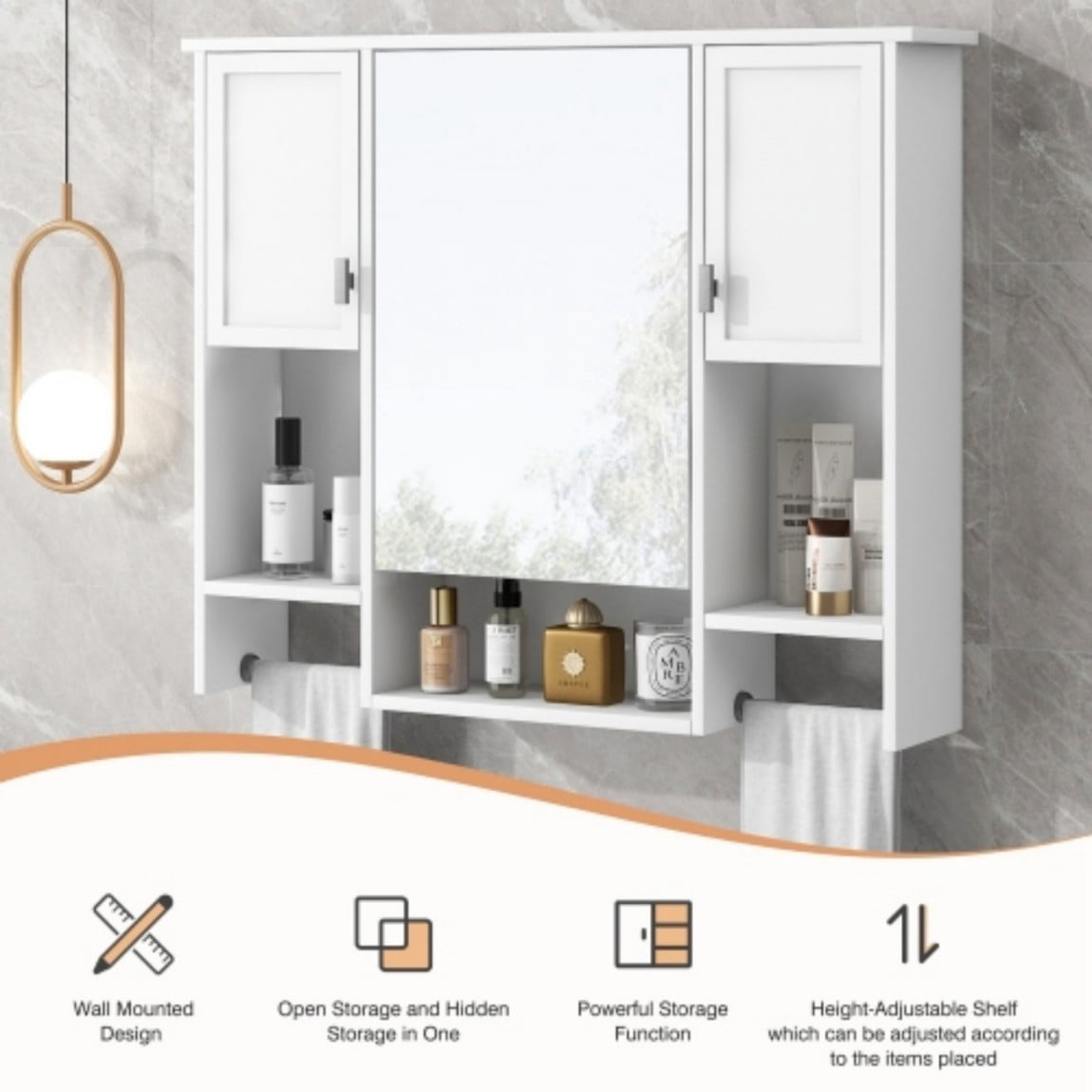 35"x 28" Wall Mounted Bathroom Medicine Cabinet with Mirror, Bathroom Storage Cabinet with Towel Bar, Adjustable Shelves, 3-Door MDF Wall Cabinet, White