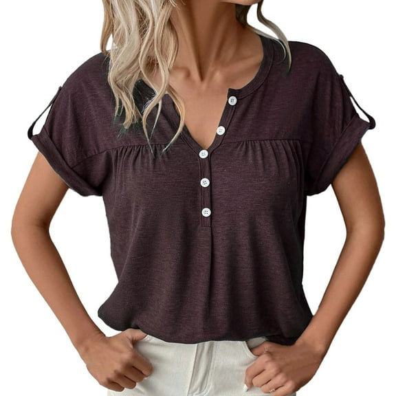 Bmisegm Women's Colored Cotton Short Sleeved T Shirt Women Tops 2024 Coffee XL