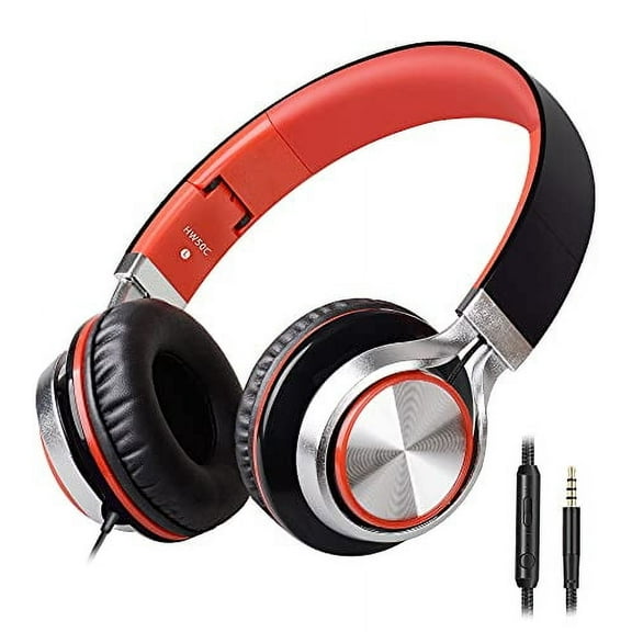 Headphones,BEINSOUND HW50C Stereo Folding Headsets Strong Low Bass Headphones with Microphone for iPhone, All Android Smartphones, PC, Laptop, Mp3 mp4, Tablet Macbook Earphones (Black&Red)