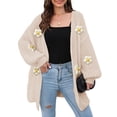 thumbnail image 3 of Female Sweaters Floral V-Neck Long Sleeve Sweater Open Front Knit Buttonless Trendy Sweater Outerwear Apricot One size, 3 of 8