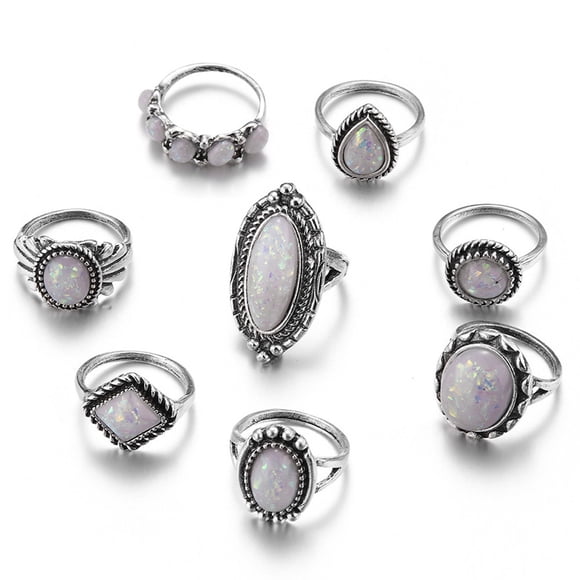 Fire Opal Knuckle Rings Set 8Pcs, ZZkhGO Natural Gemstone Cocktail Wedding Party Rings, Adjustable Stackable Boho Jewelry Gifts for Women