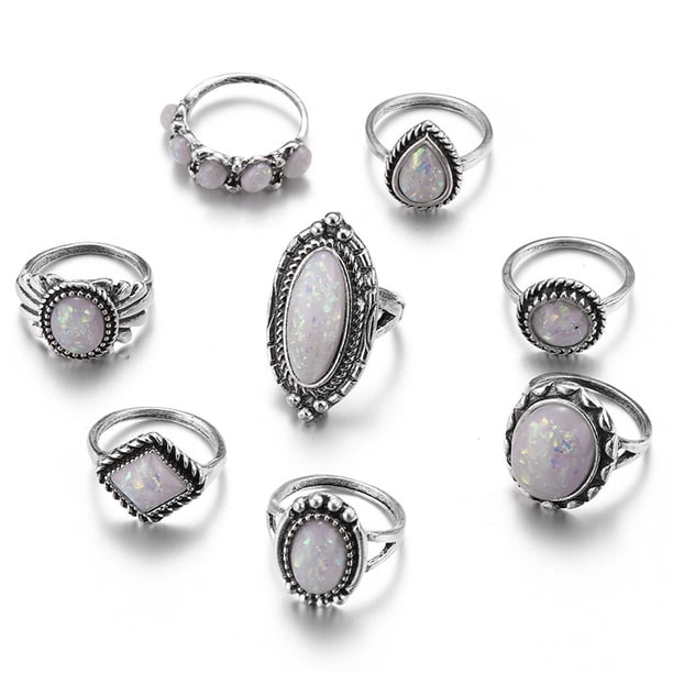 Fiudx Anillos de Ópalo de Fuego, Conjunto de 8 Piezas de Piedras Preciosas Naturales, Elegantes Anillos para Nudillos, Elegantes Accesorios para Bodas, Regalo para Ella, Joyería Única.