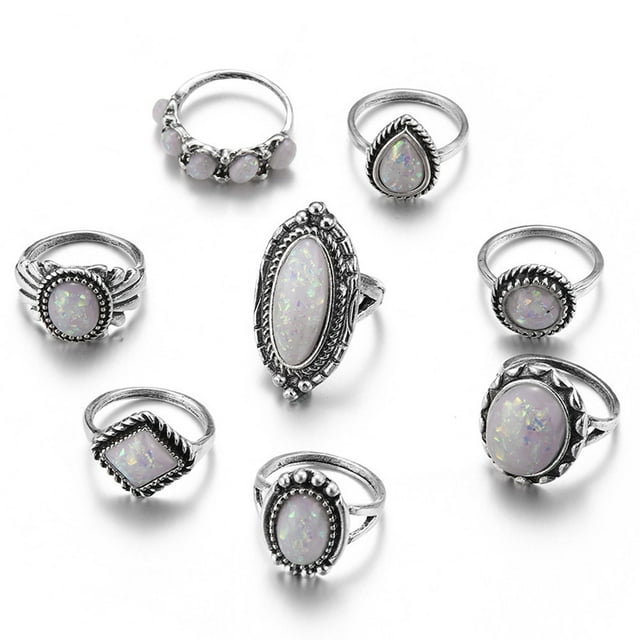 EGNMCR Rings 8Pcs/set Rings Set Sterling Natural Fire Opal Diamond Weddi Ring