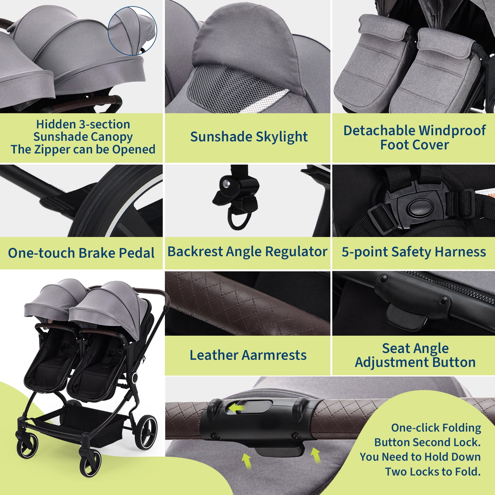 Roromall Side by Side Double Stroller for Twins, Adjustable Compact Folding Baby Travel Stroller with High Landscape Seat, Lightweight Canopy & Recline for Infant and Toddler