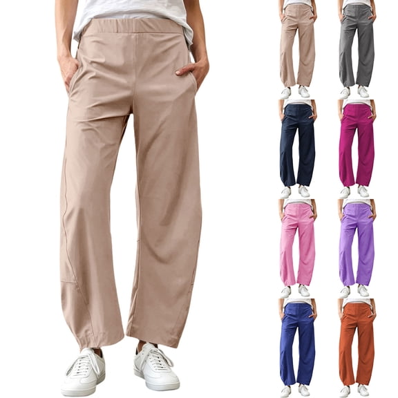 HomeDM Women's Pants Lounge Wide Leg with Pockets Quick Dry Elastic Waist Casual Trousers Khaki Athletic Work Pants Size L