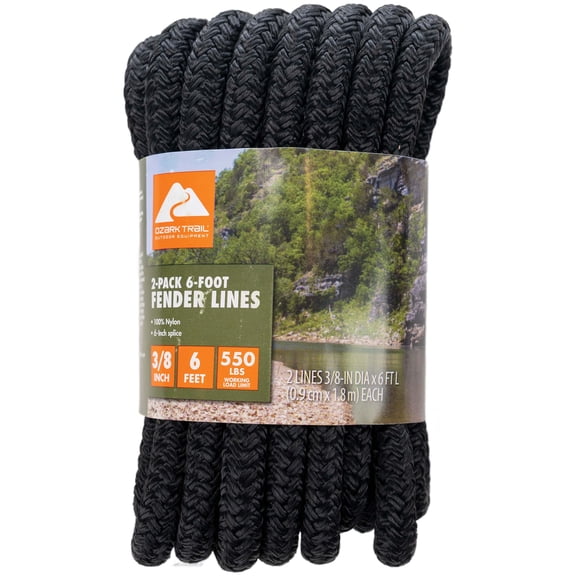 Ozark Trail 2-Pack 3/8 in. x 6 ft Nylon Fender Lines, Black, 550 lb Working Load Limit
