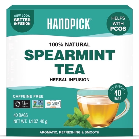 HANDPICK Spearmint Tea Bags (40 Herbal Tea Bags) |Refreshing Mint Tea | Non-GMO | Round Eco-Conscious Teabags