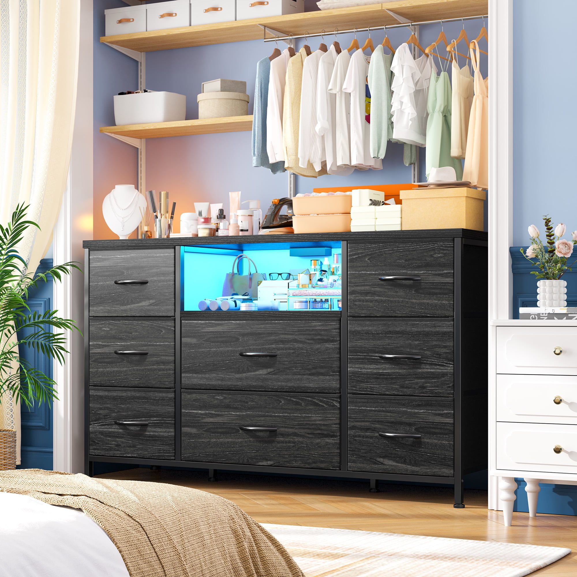 Black Dresser for Bedroom with Charging Station and LED Lights,55 inch TV Stand with 8 Fabric Drawer,Chest of Drawers with Open Shelves for Entryway, Living Room, Closet