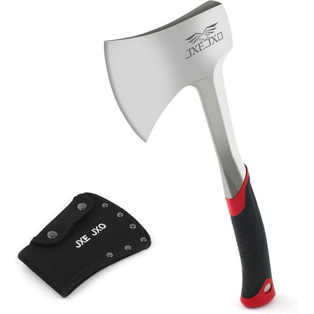 JXE JXO 14.4" Camping Hatchet with Full Tang Forged Steel Head and Shock-Absorbing Grip, Includes Durable Nylon Sheath, Red Handle