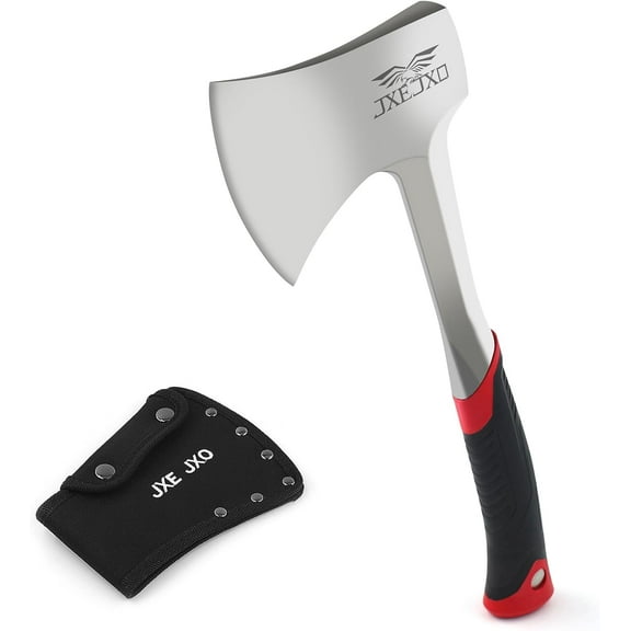 JXE JXO 14.4" Camping Hatchet with Full Tang Forged Steel Head and Shock-Absorbing Grip, Includes Durable Nylon Sheath, Red Handle