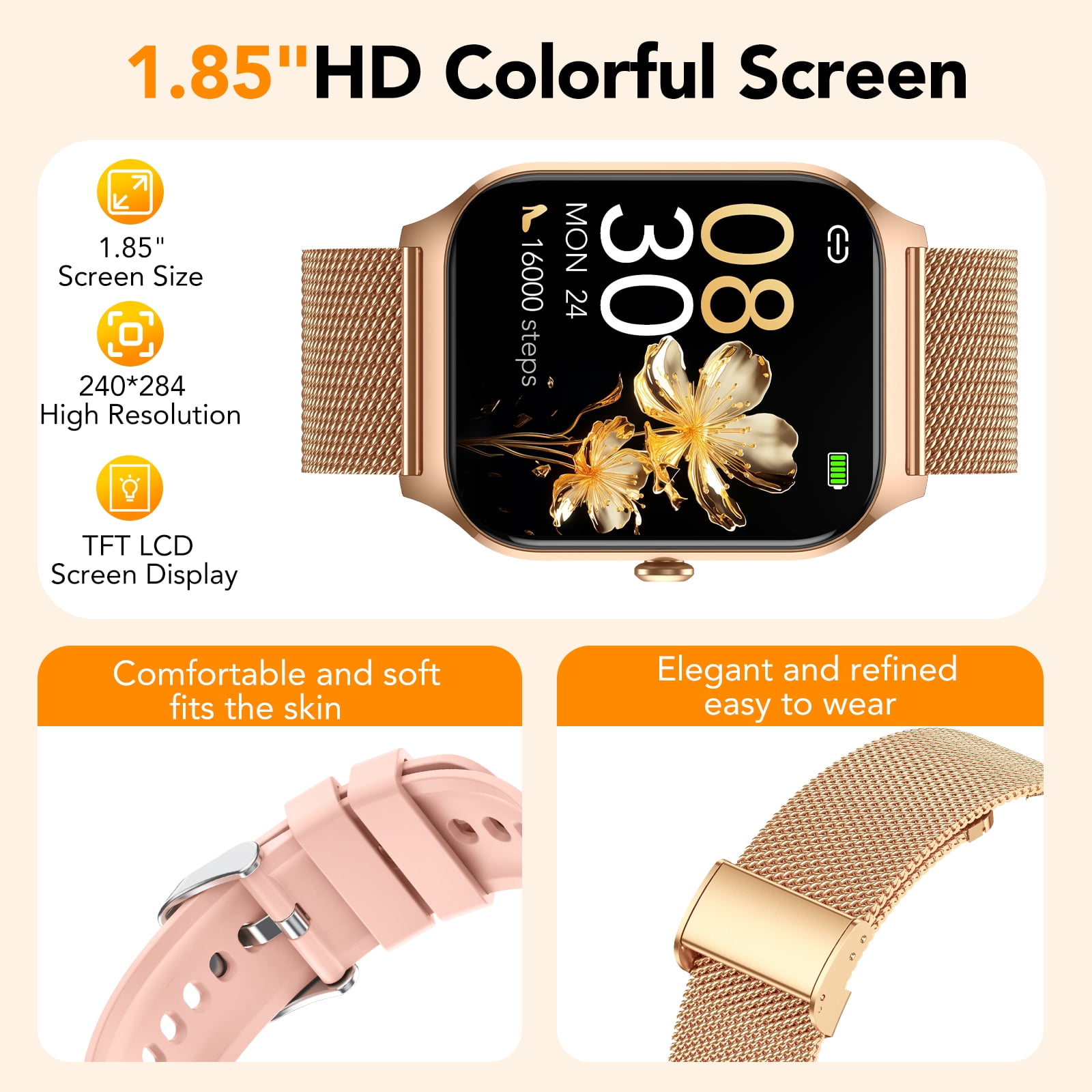 Smart Watch Fits for Android and IPhone, 1.85 inch Fitness Tracker, Women's Smartwatch with Answer/Make Calls/120+ Sports Modes/Message Reminder, IP68 Waterproof, for Gift Rose Gold