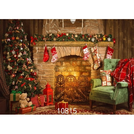 Image of 7x5ft Christmas Photography Backdrop for Children Christmas Tree Gifts Fireplace Photo Backdrop Red Candle Fire Studio Backdrop