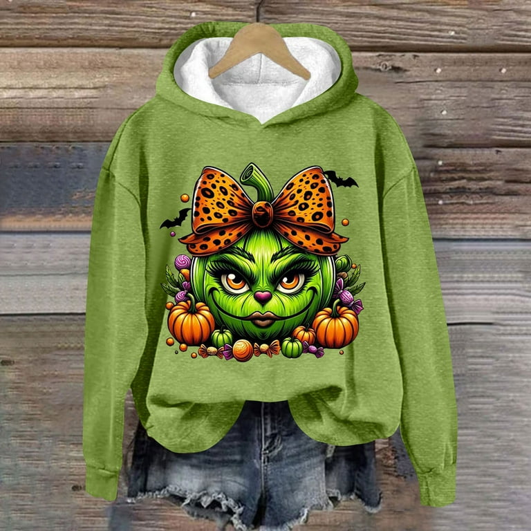 Grinch Sweatshirt Grinch Shirt Women s Halloween Green Pumpkin Face Hoodie Cozy Fleece Pullover with Cute Bow and Pumpkin Design Grinch Sweatshirt