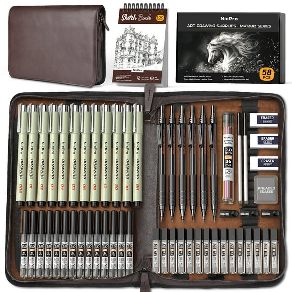 Nicpro 58PCS Art Drawing Supplies Kit in Leather Case, MP1000 Black Metal Mechanical Pencil Set with Drafting Pencil 0.5, 0.7, 0.9 & 2mm, 12 Micron Pen, Sketch Book, 30 Tube Lead Refills