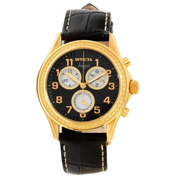Invicta Women's 12988 Angel Black Dial Gold Plated Steel Black Leather Strap Chronograph Watch