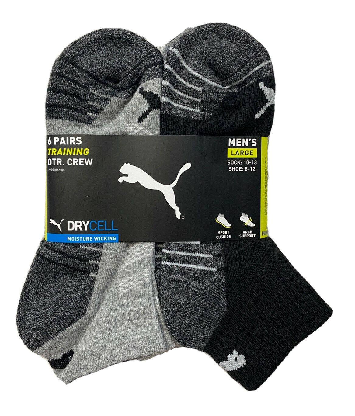 PUMA SOCKS - BL CREW - BLACK GREY - LARGE - PACK 6 PAIRS* - Walmart.com