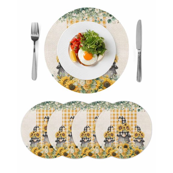 Sunflower Gnomes Round 15 Inch Placemats Set of 4, Spring Eucalyptus Floral Orange Plaid HeatResistant Non Slip Place Mats for Dining Table, Wipeable Braided Kitchen Table Mats for Housewarming