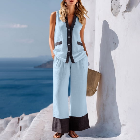 gbyLJF Beach Vacation Set for Women Cotton Linen Summer Outfits Button Down Sleeveless Shirts & Wide Leg Pant Sets