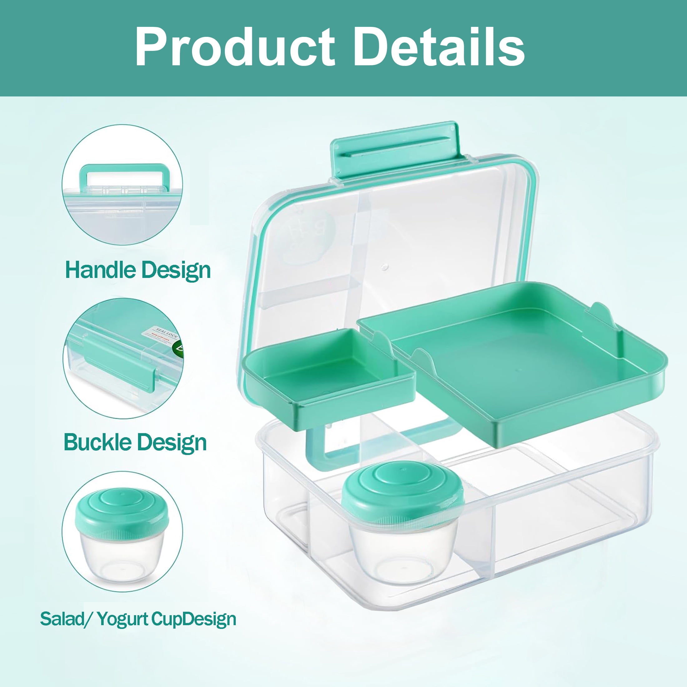 GARITIN Bento Box, Adult Lunch Bento Box, Plastic Lunch Box with Handle to Go, Lunch Containers for Adults, Portable Lunch Containers, Food Box Suit for Work Picnic Travel( 1.65 L )