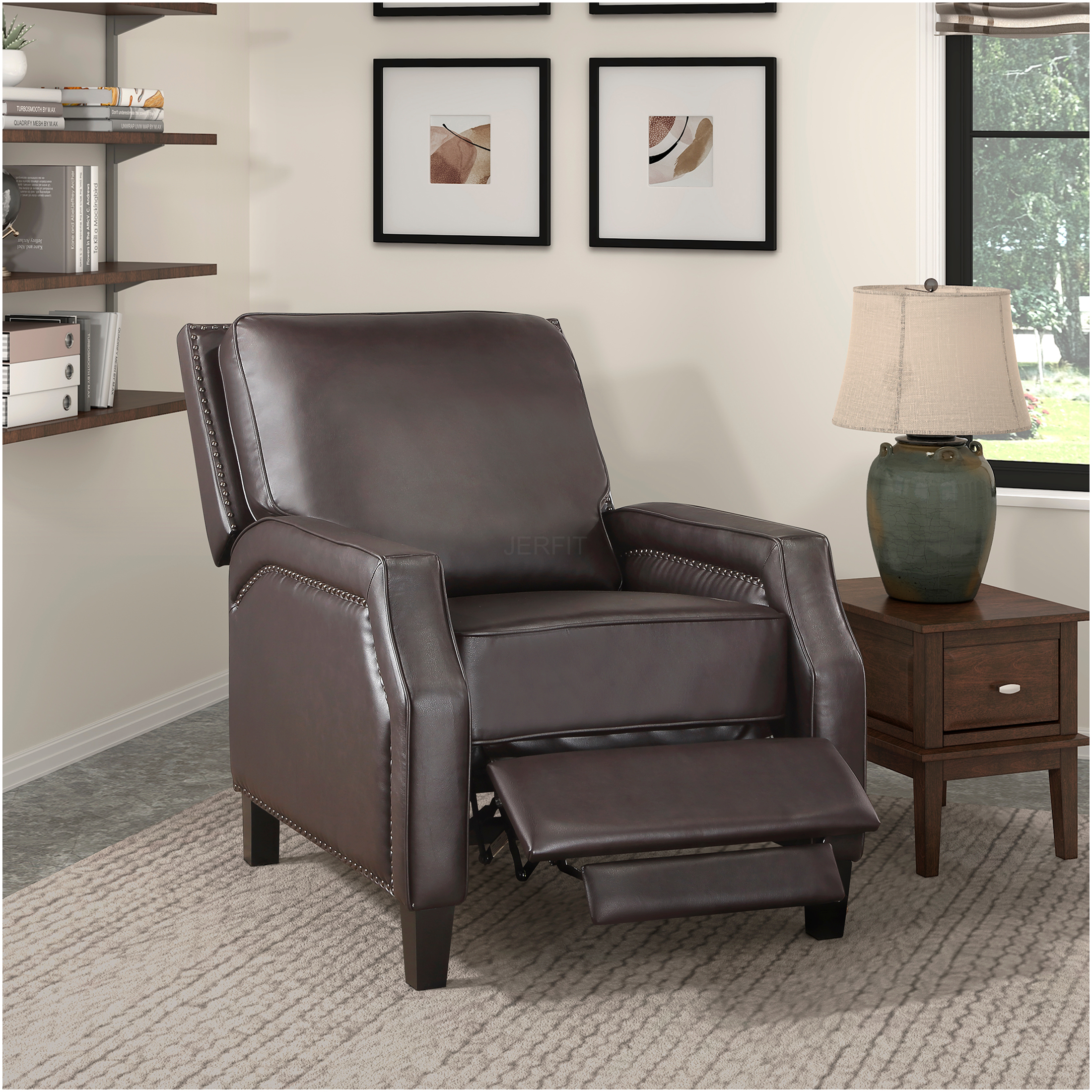 JERFIT Push Back Recliner Chair Dark Brown Faux Leather, Modern Transitional Living Room Furniture with Self-Reclining Motion and Nailhead Trim