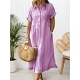 thumbnail image 2 of sicmoss Summer Women's Purple Striped Cotton Short Sleeve Shirt Dress Midi Long Relaxed Fit with Button-Down Collar, 2 of 4