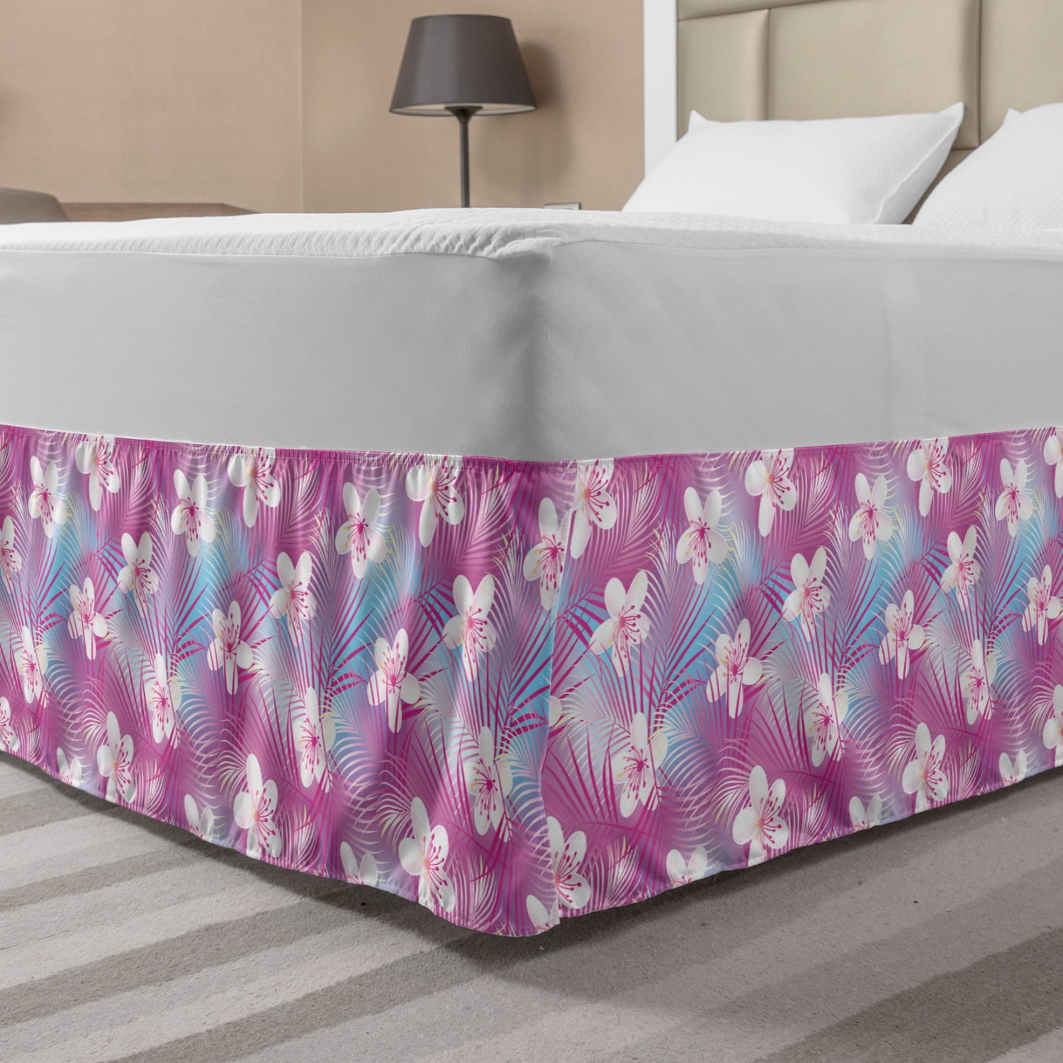 Nature Bed Skirt, Floral Theme Botanical Motifs Frangipani Hibiscus