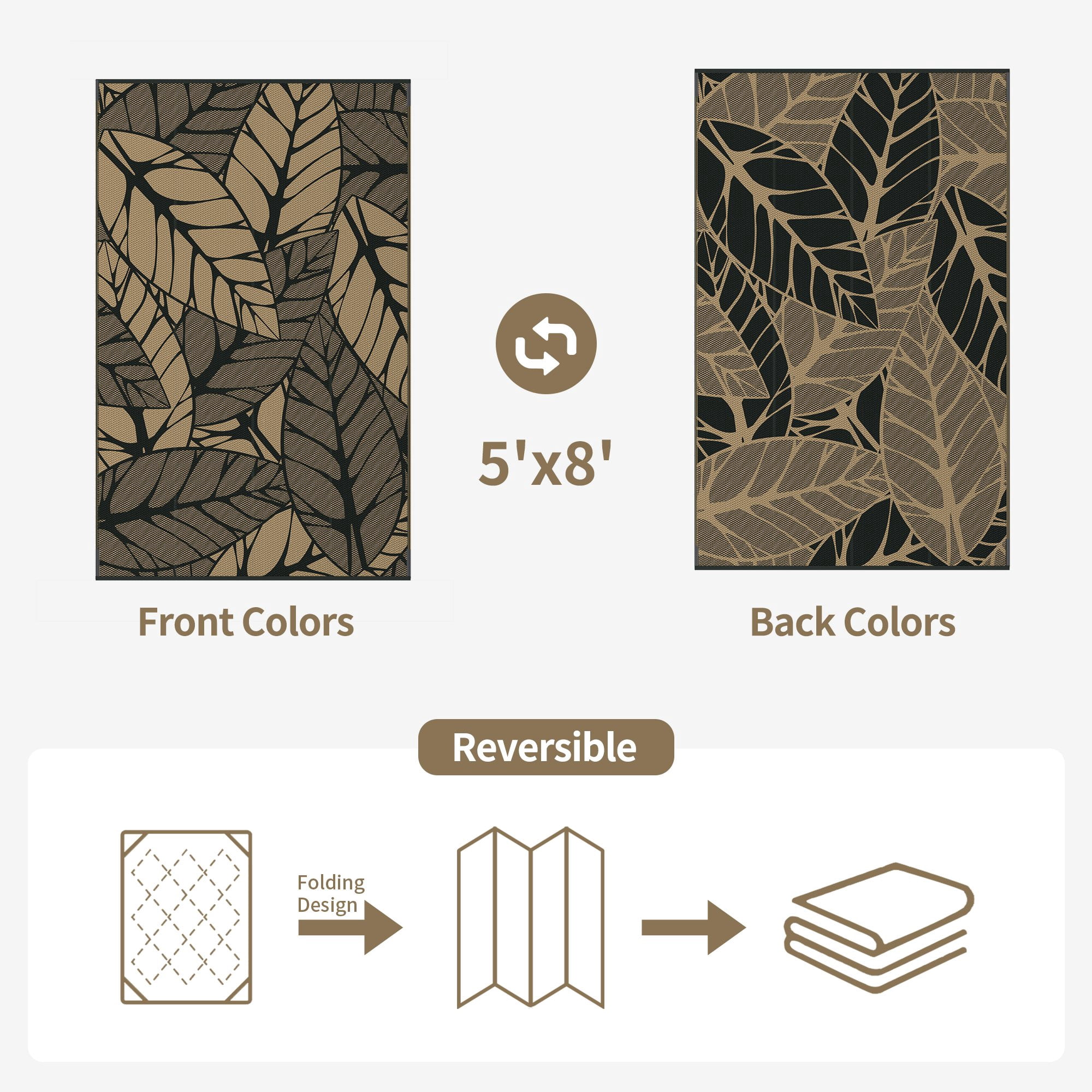 DEORAB 5'x8' Outdoor Rugs Waterproof Patio Reversible Plastic Straw Carpet Camping Outside Mat For Garden Balcony Camping Porch, Black & Brown