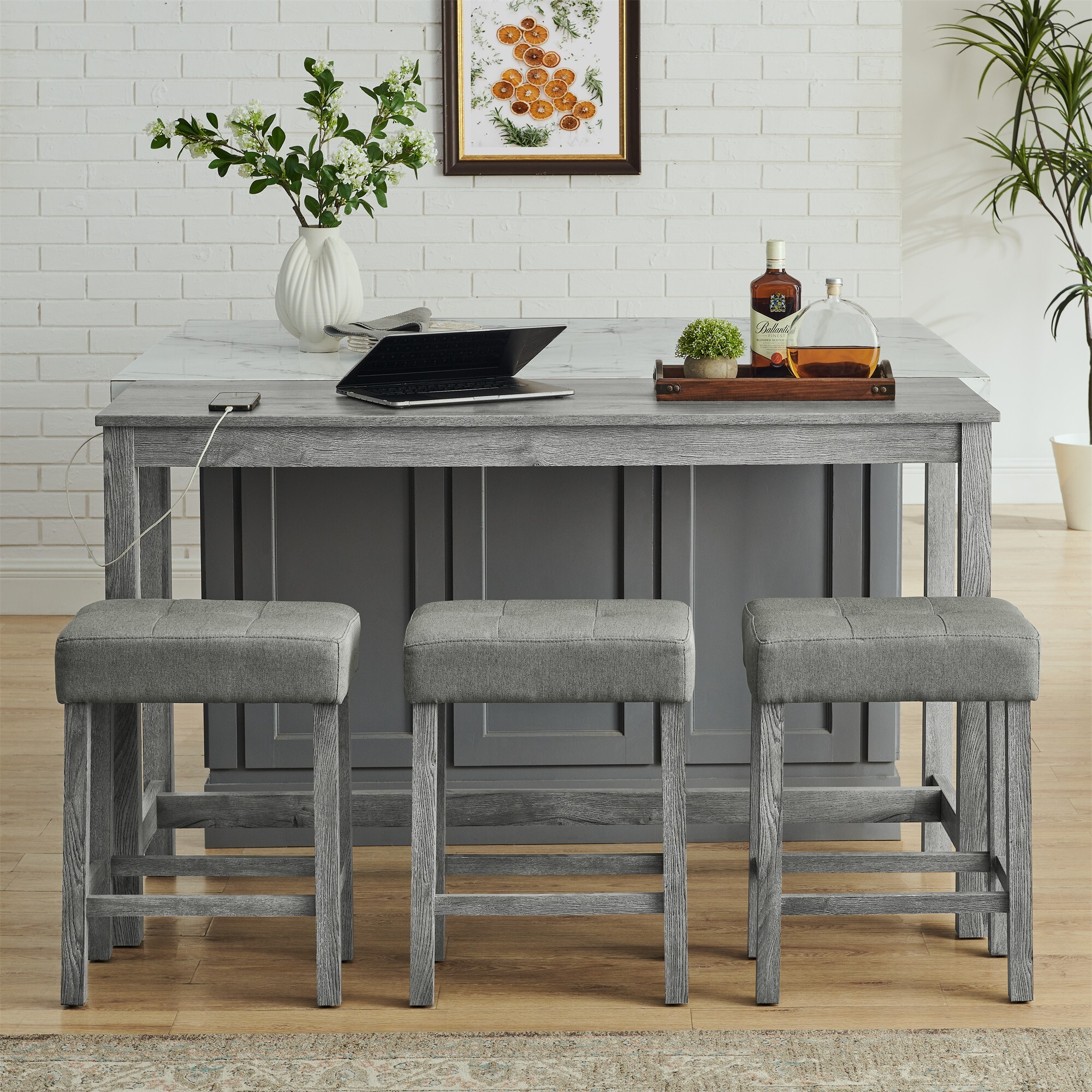 DEALTOPS 4-Piece Bar Table Set with Charging Station, 59" Counter Table with 3 Soft Stools for Small Space, Antique Gray