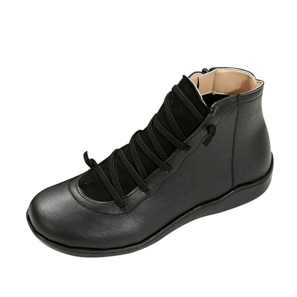 NECHOLOGY Botas Mujer Adulto Femenino Zapatos Botines para mujer Botas casuales planas con cremallera lateral de cuero de color sólido retro de moda para mujer (Black, 7.5)