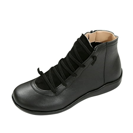 

Ladies Fashion Retro Solid Color Leather Side Zipper Flat Casual Short Boots