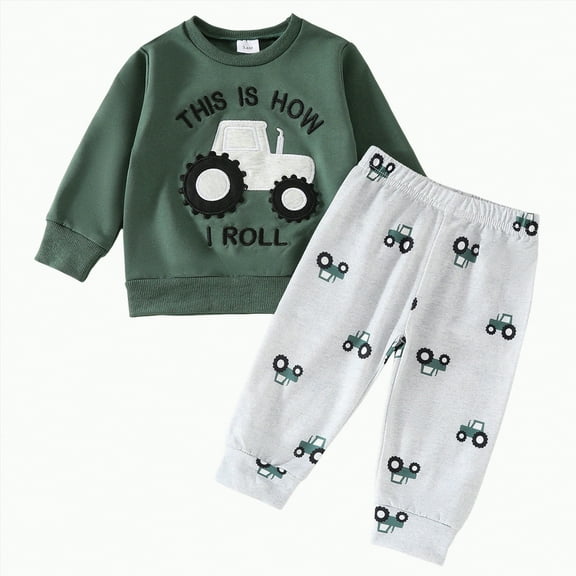 HCNTES Toddler Boys Clothes Set Crewneck Sweatshirt Long Sleeve Sweater Pants Fall Outfits baby clothes for boys (Green,12-18 Months)