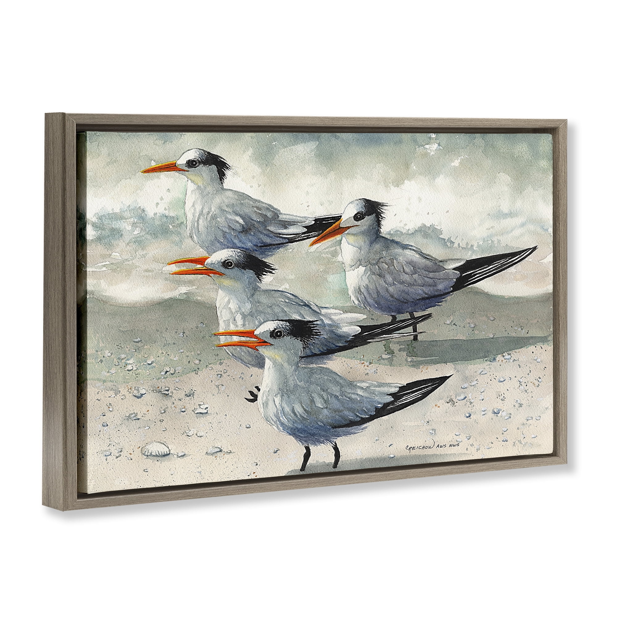 Stupell Industries Birds on Sandy Beach Animals & Insects Painting Brown Floater Framed Canvas Art Print Wall Art, 31 x 21