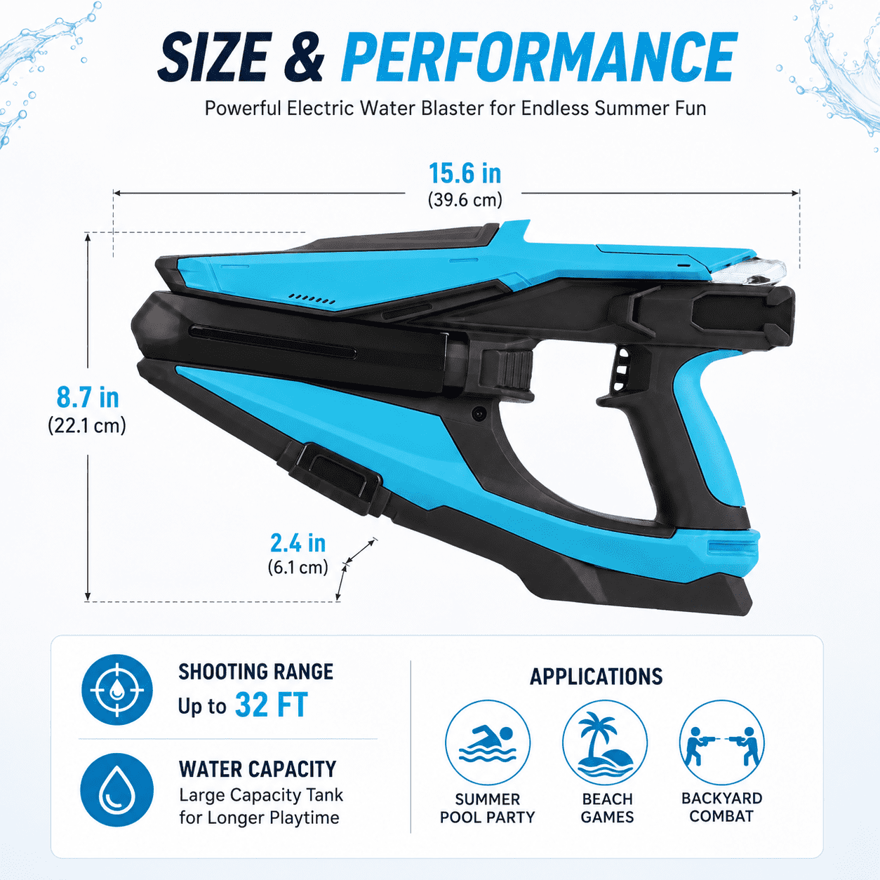 Electric Water Gun with LED & Mist Effects, Rechargeable Automatic Water Blaster with Large Tank, for Pool, Beach & Backyard
