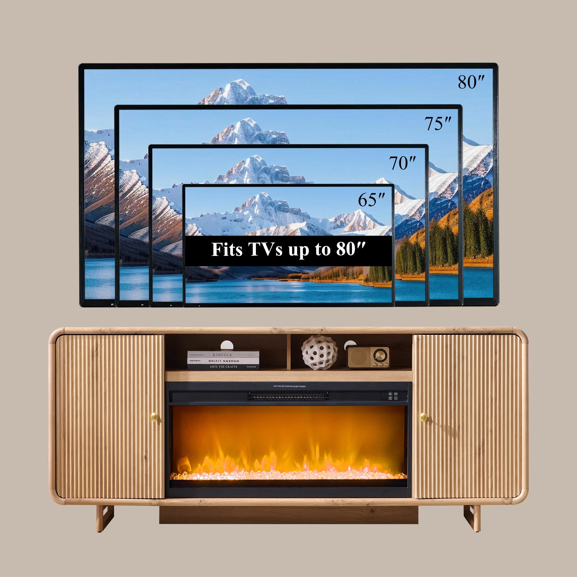 SinCiDo 70" Modern Fluted Fireplace TV Stand for 80 Inch TV, Entertainment Center w/36'' Electric Fireplace, Wood Media TV Console for Living Room