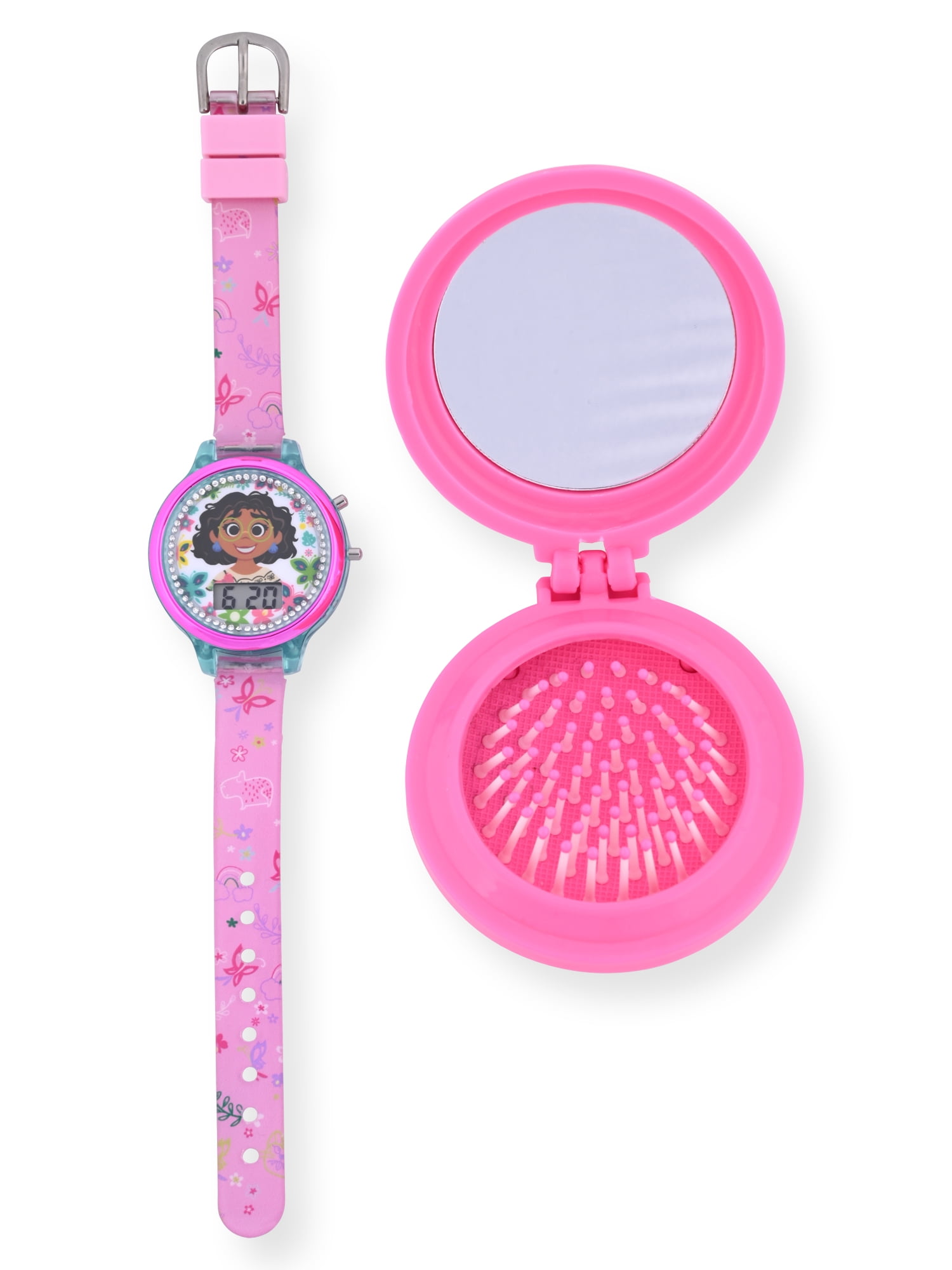 Disney Encanto Girl's Flashing LCD Pink Silicone Watch with Matching Compact Brush 2 Piece Set