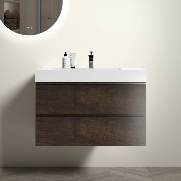36" Walnut Bathroom Vanity with Sink, Large Storage Wall Mounted Floating Bathroom Vanity for Modern Bathroom,