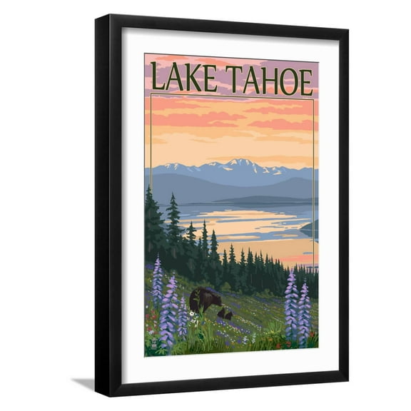 Art.com Lake Tahoe - Bear Family and Spring Flowers Premium Giclee Print by Lantern Press, Black Frame Wall Art, 17" x 23"