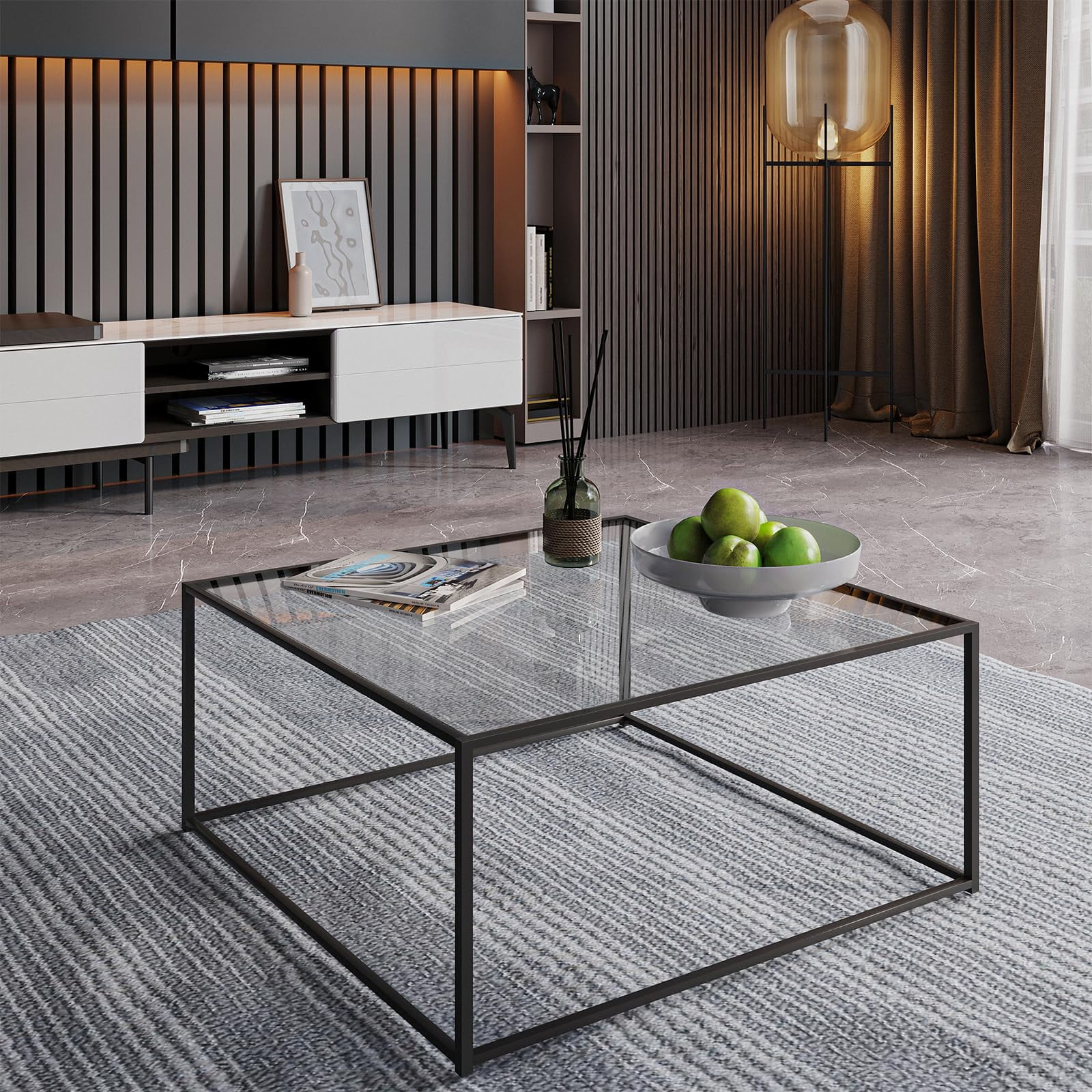 Glass Coffee Table Modern Center Table,Minimalist Coffee Table Sofa Side Tea Table for Living Room,Tempered Glass-top with Sturdy Metal Frame, Easy Assembly,26.4 x 26.4 x 15.7 Inches, Black