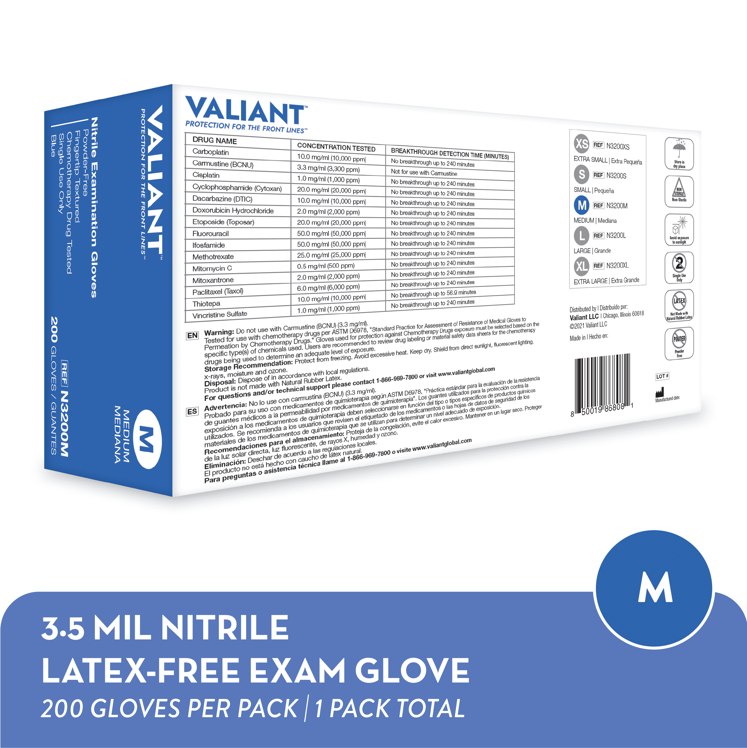 Valiant N3200 Nitrile Exam Gloves, Single Use Only, Fingertip Textured, Cornflower Blue, Medium, 200 Per Box