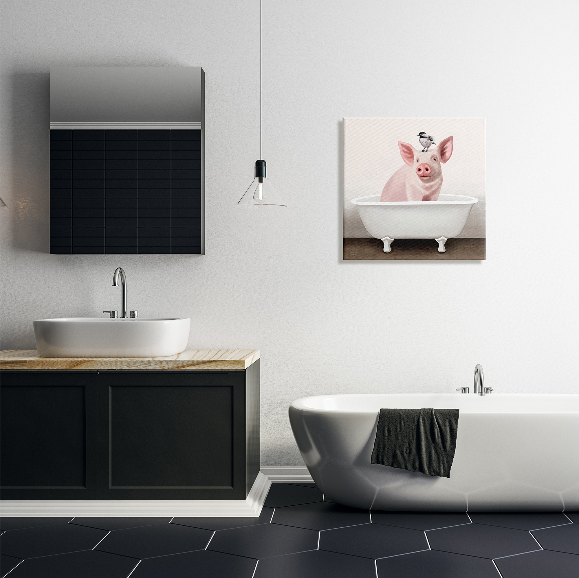 Stupell Industries Cottage Pink Pig with Sparrow Perched in Tub , 24 x 24, Designed by Elizabeth Tyndall