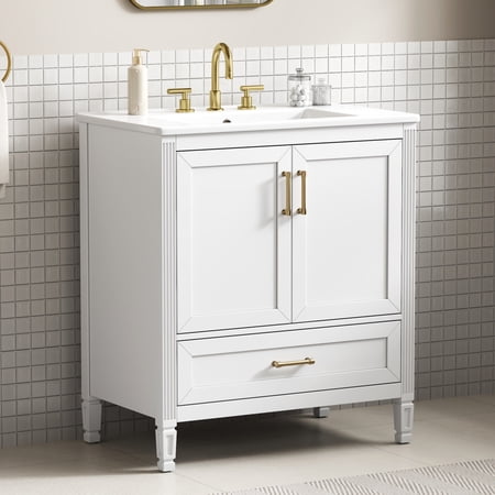 Christopher Knight Home 30" Bathroom Vanity with Ceramic Sink, Soft-Close Doors and Drawer, White