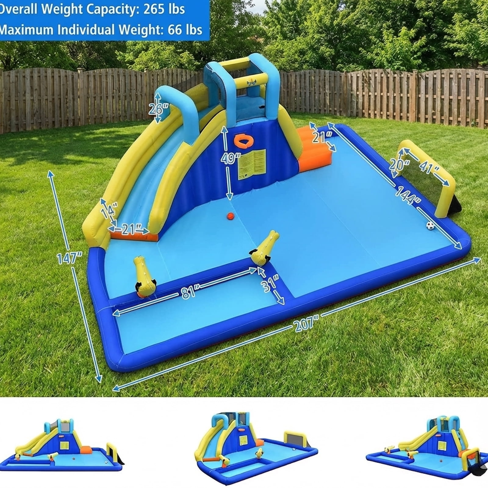 Redsmile 6-in-1 Inflatable Water Slides with Splash Pool Climbing Wall Basketball Hoop for Kids Aged 3-10 Outdoor Summer Play - Blue and Yellow