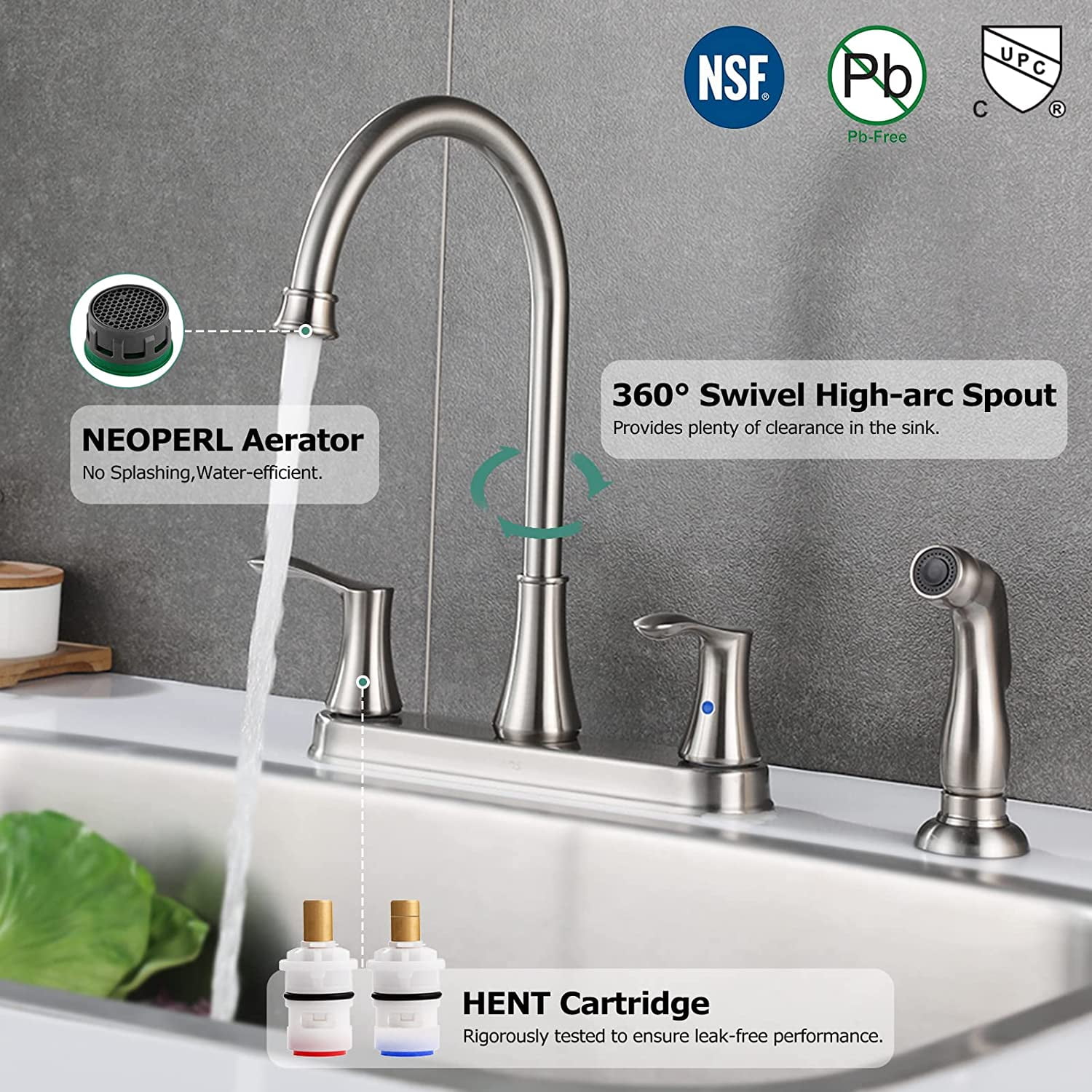 PARLOS 8-Inch High Arch Two-Handle Kitchen Sink Faucet with Side Sprayer and Supply Lines, Brushed Nickel