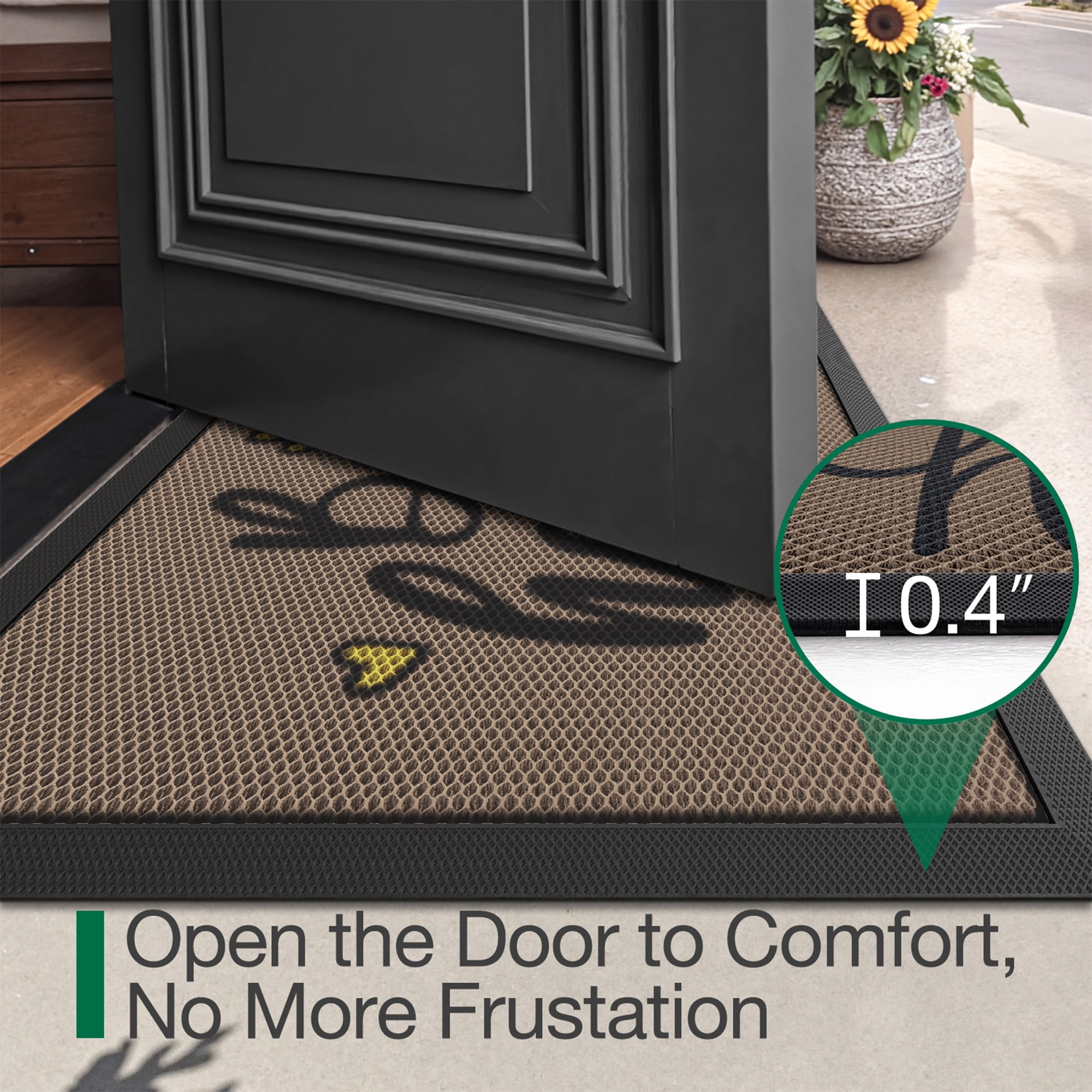 FRABE Outside Welcome Door Mat 24x36, Non Slip Durable Rubber Entrance Doormat, Low Profile Easy Clean Mats for Front Back Door Entryway Porch Garage, Bee Happy