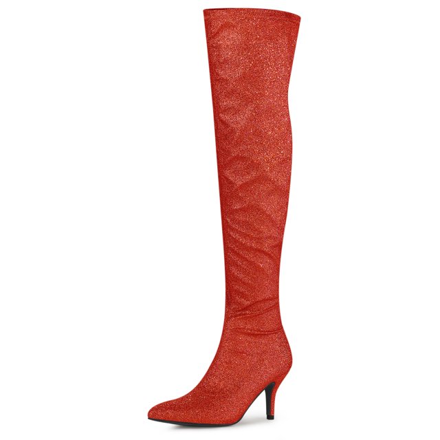 Botas Altas Purpurina Allegra K Punta Estrecha Tacón Aguja Sobre La Rodilla Rojo 37.5